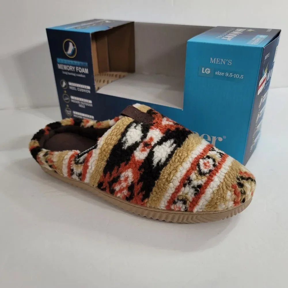 Isotoner Fleece Fairisle‎ Scuff Slippers Mens Large 9.5-10.5 Dark Chocolate NEW
